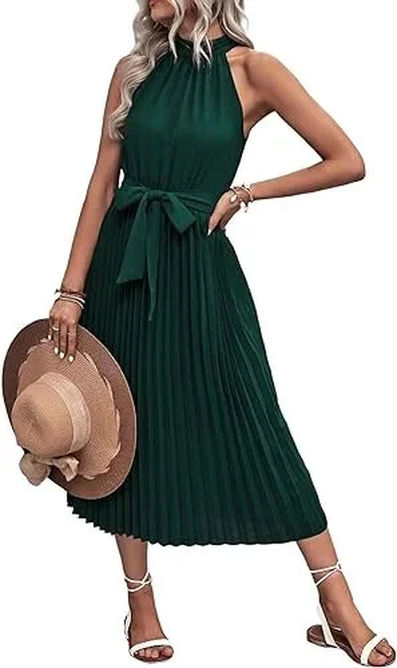 2023 Summer Women's Sleeveless Halter Neck Pleated Midi Cocktail Dress with Belt