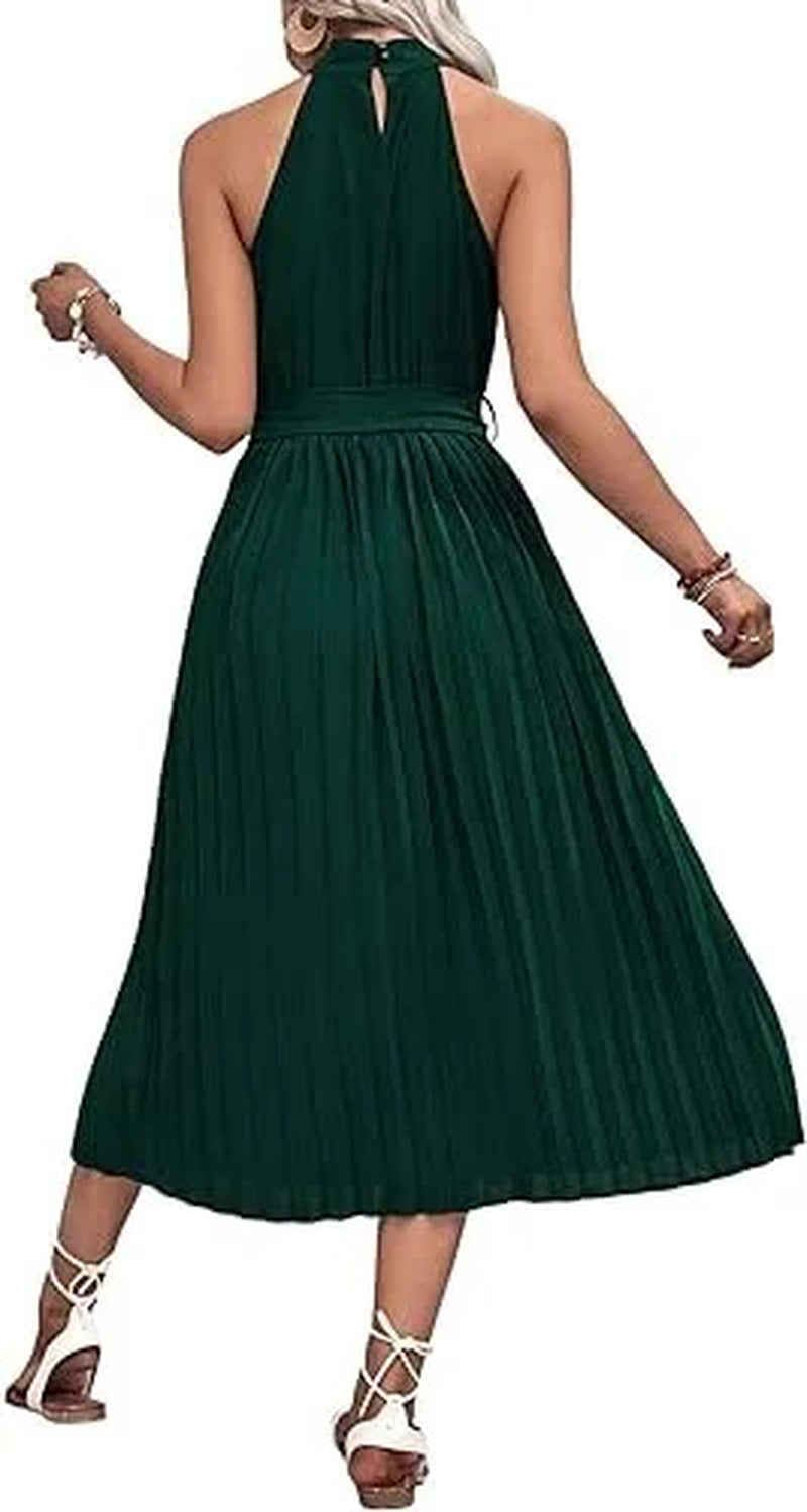 2023 Summer Women's Sleeveless Halter Neck Pleated Midi Cocktail Dress with Belt