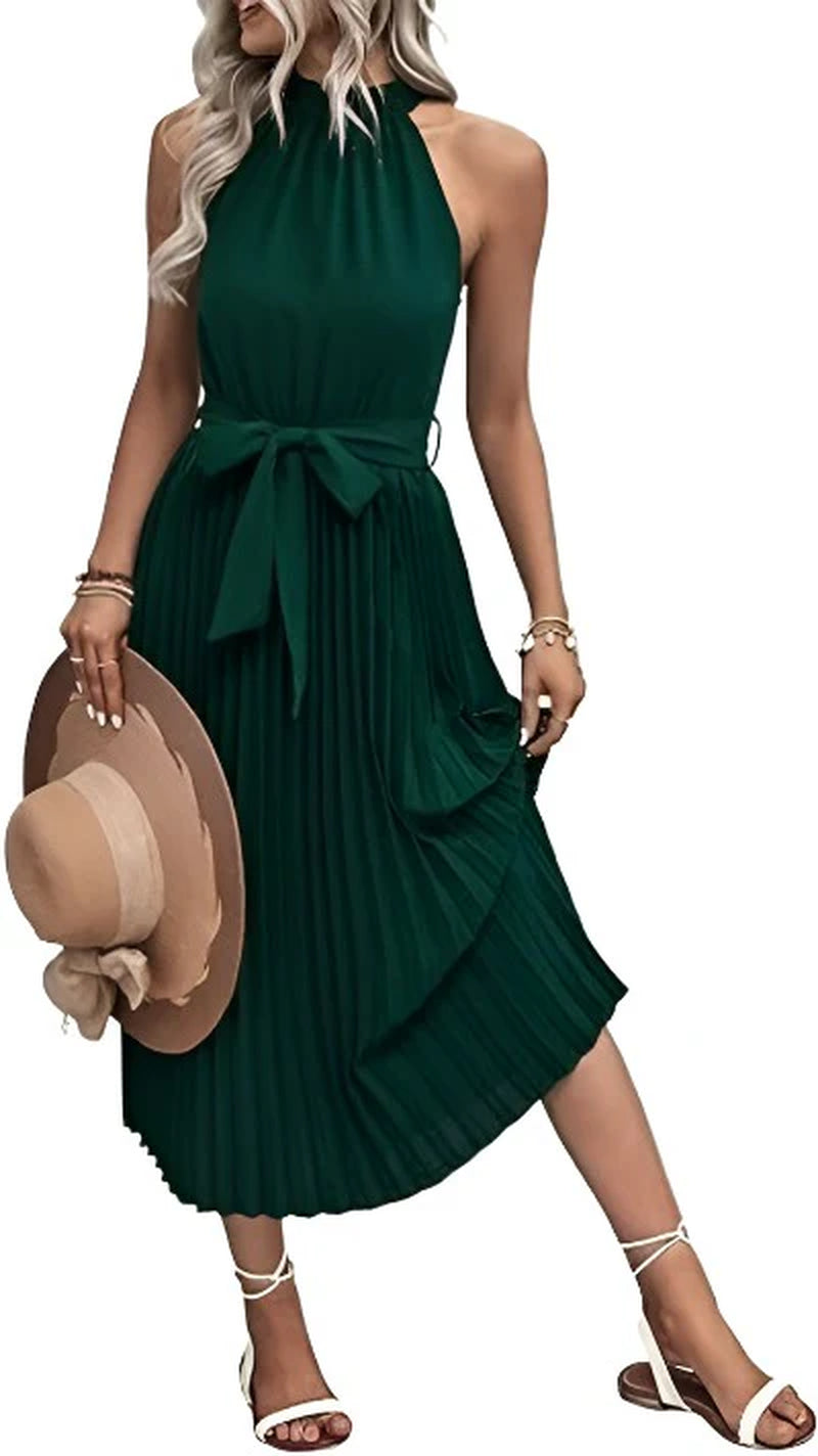 2023 Summer Women's Sleeveless Halter Neck Pleated Midi Cocktail Dress with Belt