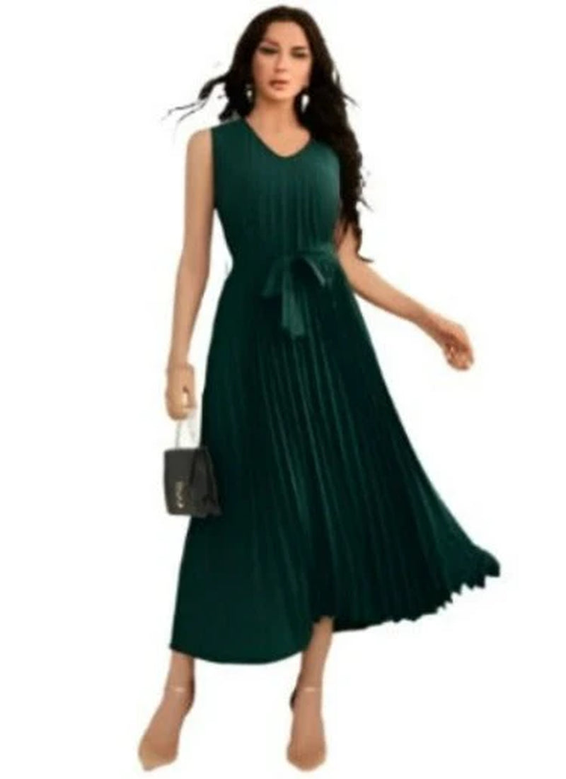 2023 Summer Women's Sleeveless Halter Neck Pleated Midi Cocktail Dress with Belt